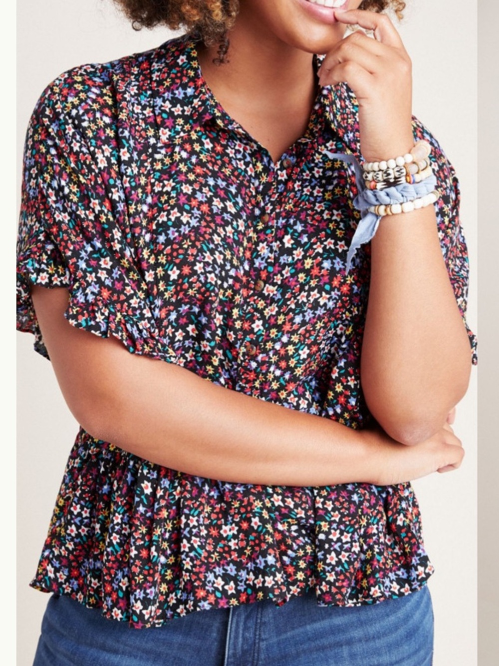 Maeve by Anthropologie Black Mallory Ruffled Blouse Floral Button Front Sz Small